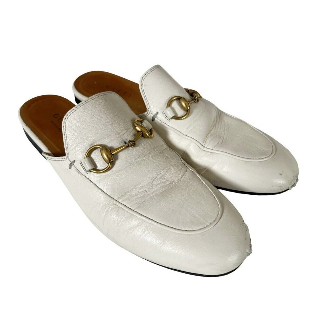Gucci White Leather Loafers with Gold Hardware